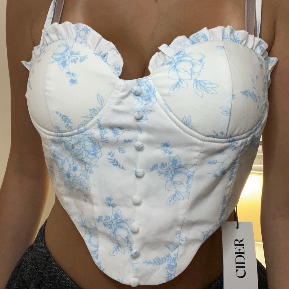 Floral Ruffle Corset Crop Tank with Blue Accents